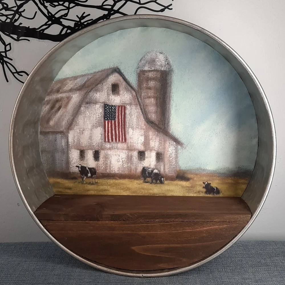 Round Wall Shelf Galvanized Metal Country Farm Scene Barn USA Flag Cows